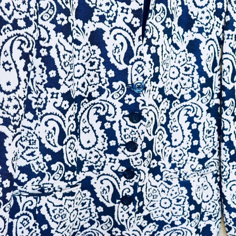 Ellen Tracy x Linda Allard Blazer Size 12 Tapastry Blue White Paisley Jacket - Picture 3 of 10